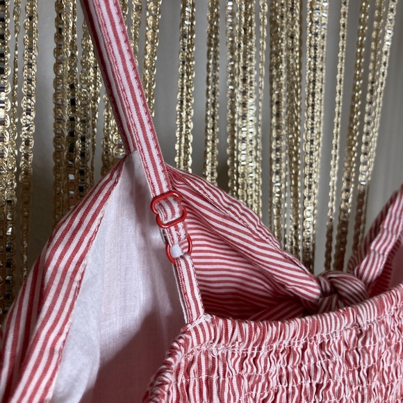 NWOT Red and white pinstripe preppy tie front spaghetti strap sundress - Picture 5 of 6